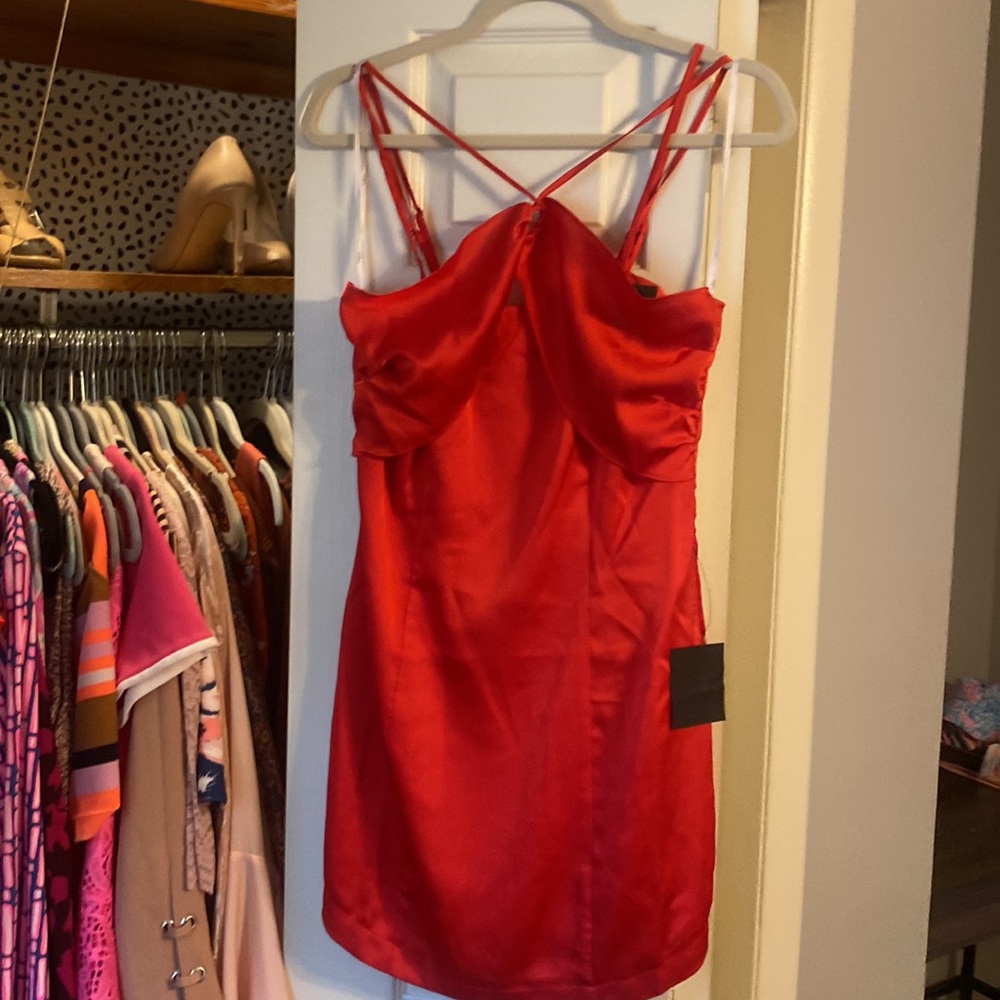 Lulus Red Satin Halter Mini Dress. Women Size M. NWT